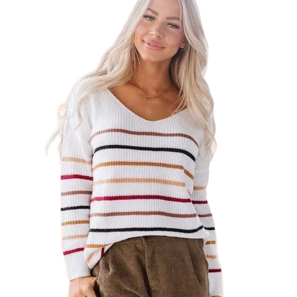 Sweaters - Striped V-Neck Sweater - White, Red, Black, Gold